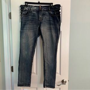 Size 20 VIP Jeans with braided detailing at hips and dark/light combo wash